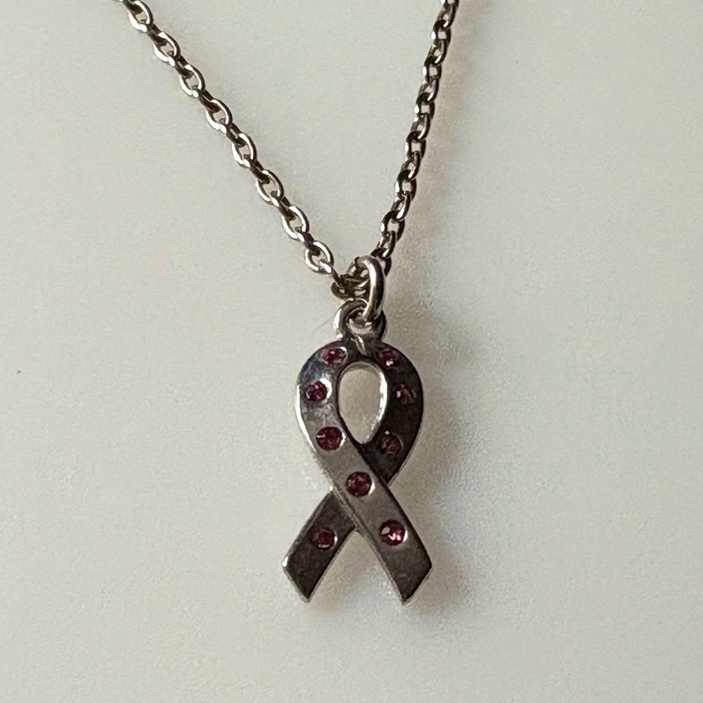 Breast Cancer Awareness Silver Tone Pink Rhinestone Necklace